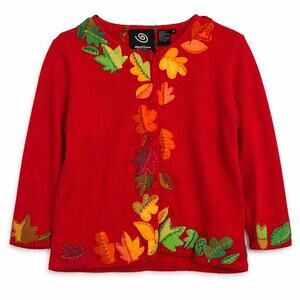Grandmacore Whimsy Michael Simon Red Cardigan Sweater Autumn Leaf Appliqué M